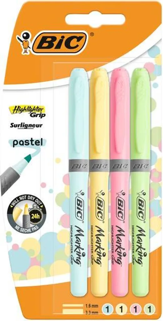 BIC Surligneurs Grip Pastel - Blister de 4 Marqueurs aux Tons Doux
