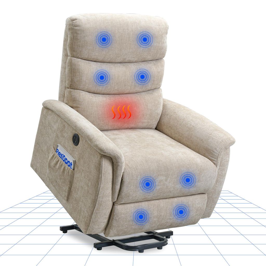 FLEXISPOT XL3 Pro Elektrischer Massagesessel mit Heizfunktion, Aufstehhilfe, USB-Anschluss, Fernbedienung und Seitentasche für Senioren (Beige)