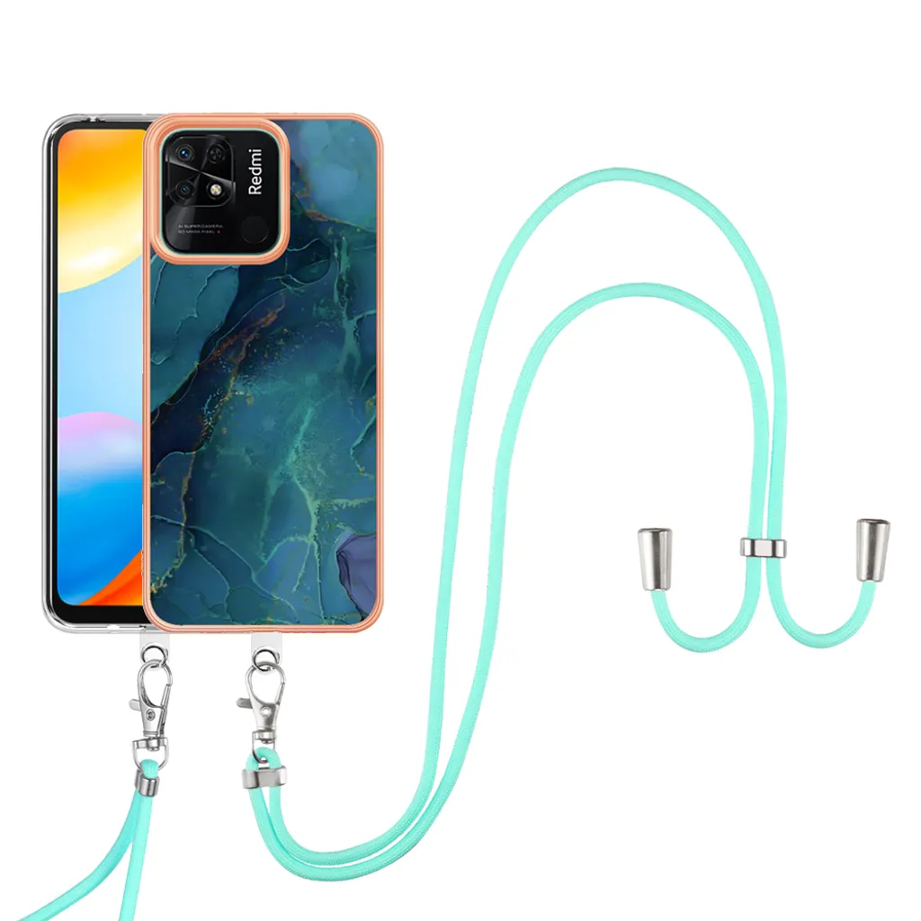 Custodia con cinturino per Xiaomi Redmi 10C, bumper in TPU a fantasia, custodia protettiva con cinturino regolabile verde