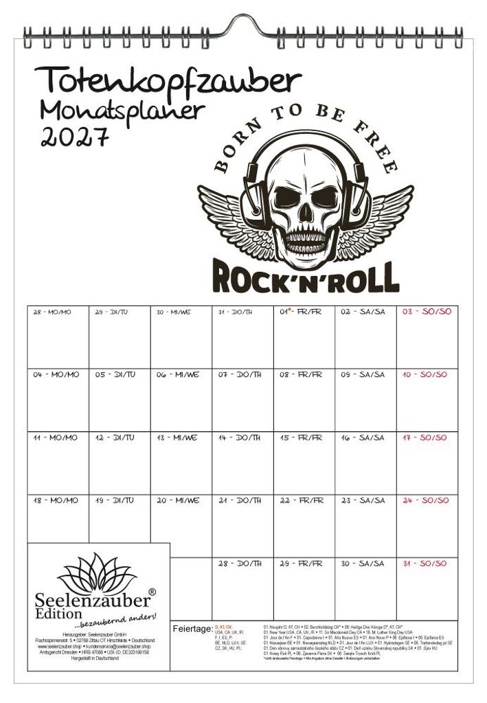 Totenkopfzauber Planer DIN A4 Kalender für 2027 Skull Totenkopf Bones Gothik - Geschenkset Inhalt: 1x Kalender, 1x Weihnachtsanhänger (insgesamt ...