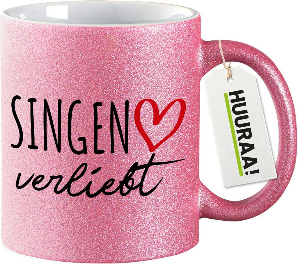 Huuraa Glitzertasse Singen (Hohentwiel) verliebt 330ml Pink Keramik Kaffeebecher Geschenkidee