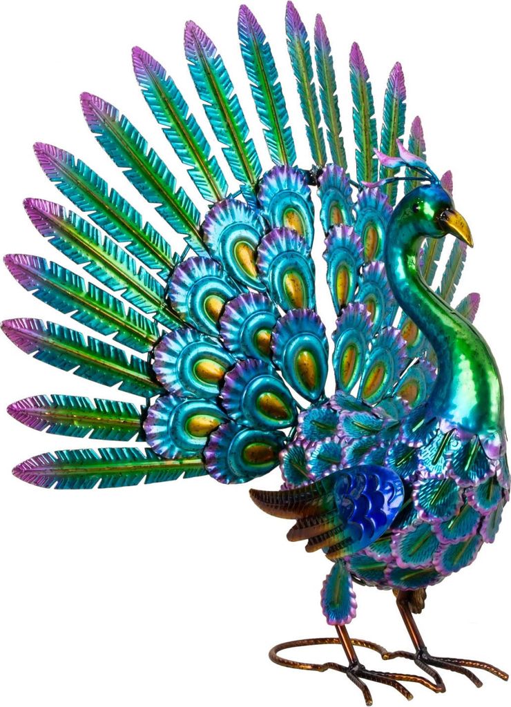 Moderne Gartenfigur Gartenskulptur Pfau aus Metall mehrfarbig Höhe 52 cm Breite 55 cm