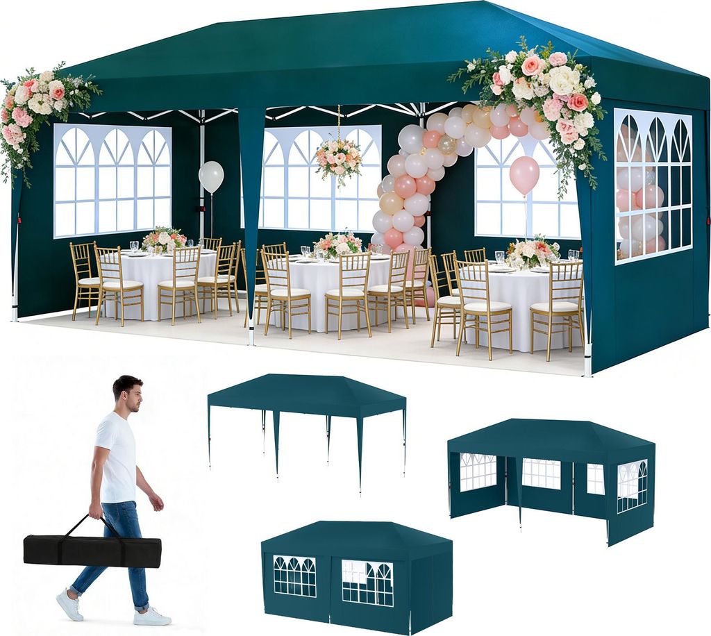 UISEBRT Faltpavillon 3x6 m Faltbar Gartenpavillon wasserdicht UV-Schutz Partyzelt mit Tasche Dunkelgrün, 6 Seitenwände (4 Fenster, 2 Reißverschl...