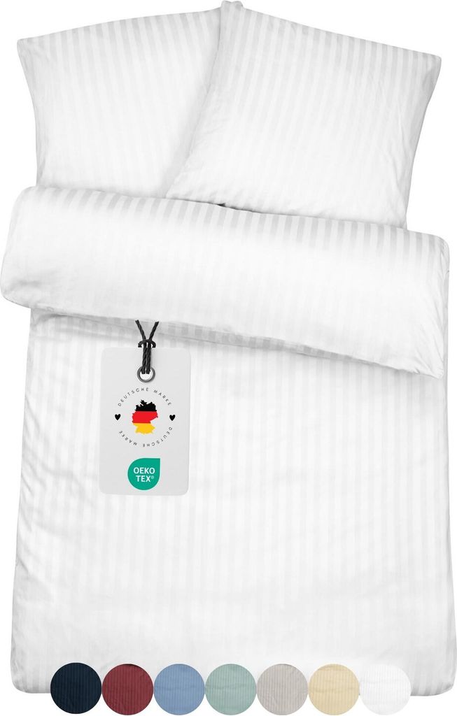 Weiße Bettwäsche 200x200 Weiß gestreifte Damast Bettbezug 200 x 200 Streifen 100% Baumwolle