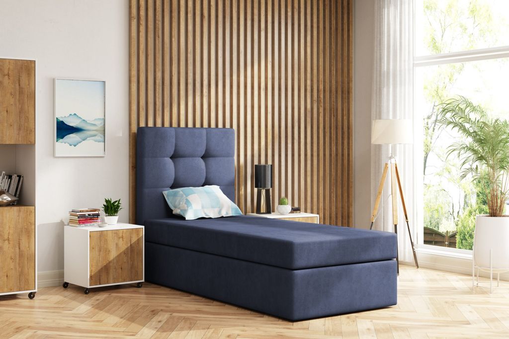 Einzelbett FIGO 90 cm x 200 cm AMOR VELVET 13 Blau Boxspringbett mit Bettkasten Kontinentalbett mit dekorativem Kopfteil