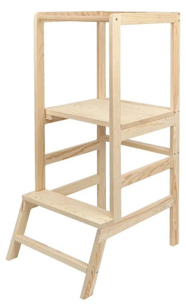 Fini de porter bébé : Tour Montessori bois beige fixe pour cuisiner ensemble