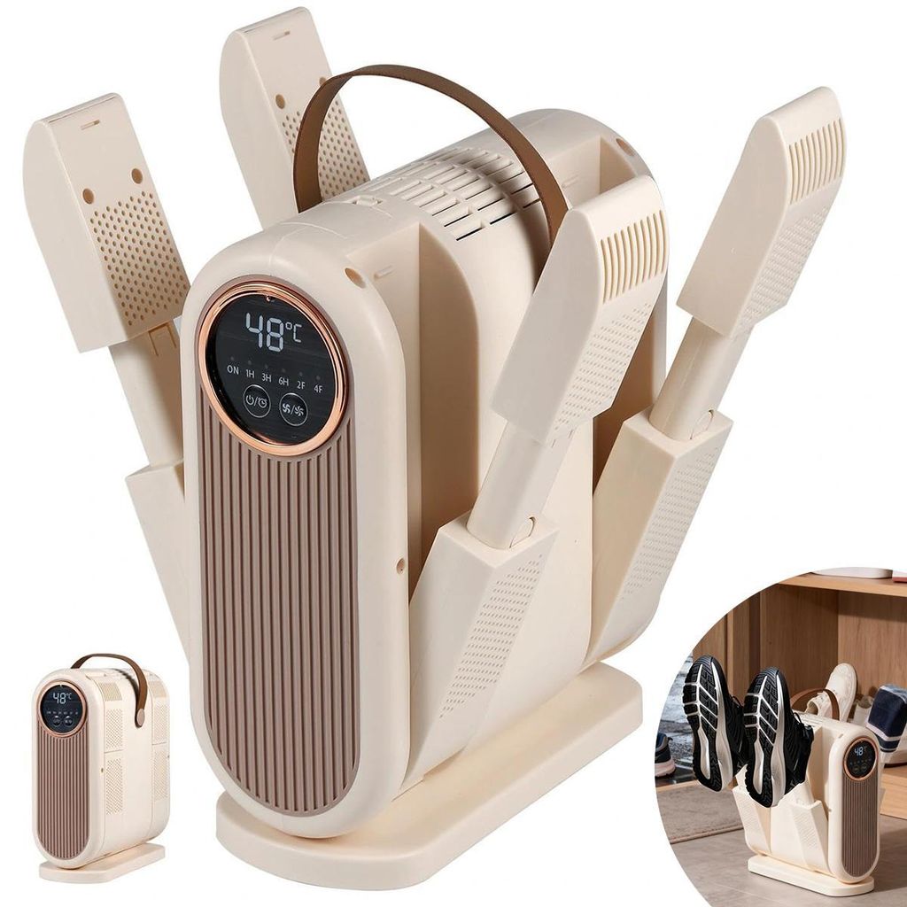A beige electric shoe dryer with multiple drying arms, displayed on a white background. A smaller inset image shows the dryer in a lifestyle context with shoes.