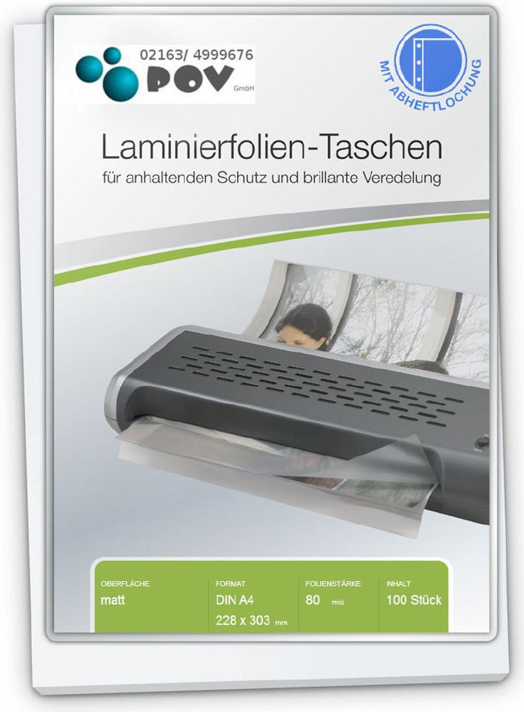 Laminierfolien A4 (228 x 303 mm), 2 x 80 mic, matt, zum Abheften