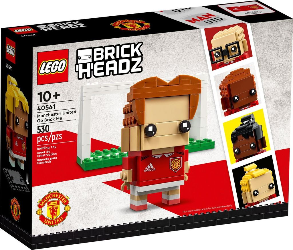 The image shows the packaging of a LEGO BrickHeadz set featuring Manchester United characters.