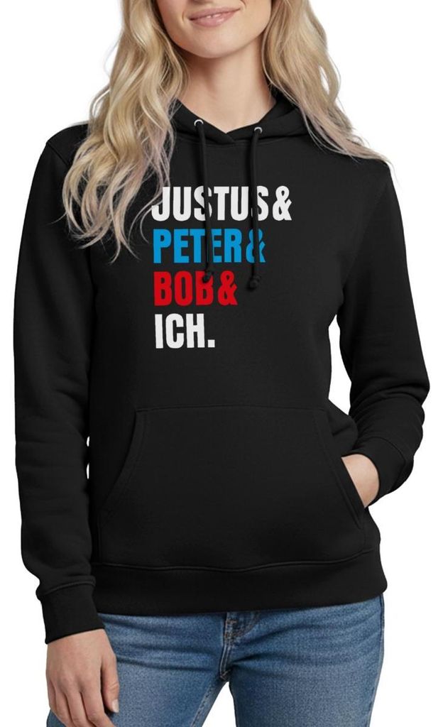 Spreadshirt Die Drei ??? Justus& Peter& Bob& Ich Damen Hoodie, S, Schwarz