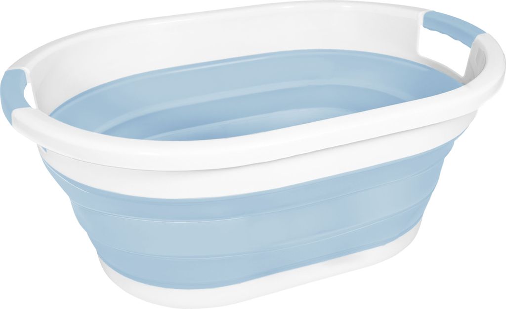 A collapsible laundry basket is shown against a white background.