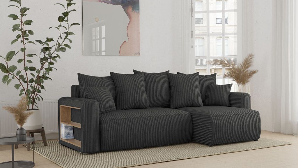 Ecksofa mit Schlaffunktion und Bettkasten SOLERO – L-Form Sofa, Eckcouch, Schlafsofa mit Stauraum, Couch mit Schlaffunktion Dunkelgrau Ottomane R...
