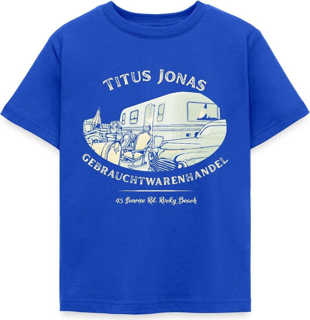Spreadshirt Die Drei Fragezeichen Titus Jonas warenhandel Kinder T-Shirt, 122/128 (7-8 Jahre), Royalblau