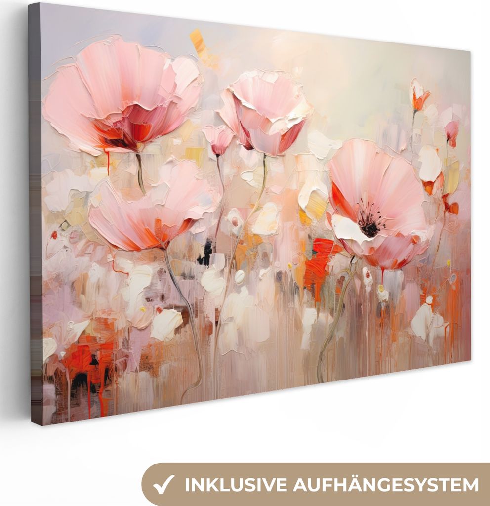 MuchoWow - Leinwandbilder - Blumen - Aquarell - Rosa - Abstrakt - Kunst, Wandbild, Wanddeko Bilder Wohnzimmer, 60x40 cm