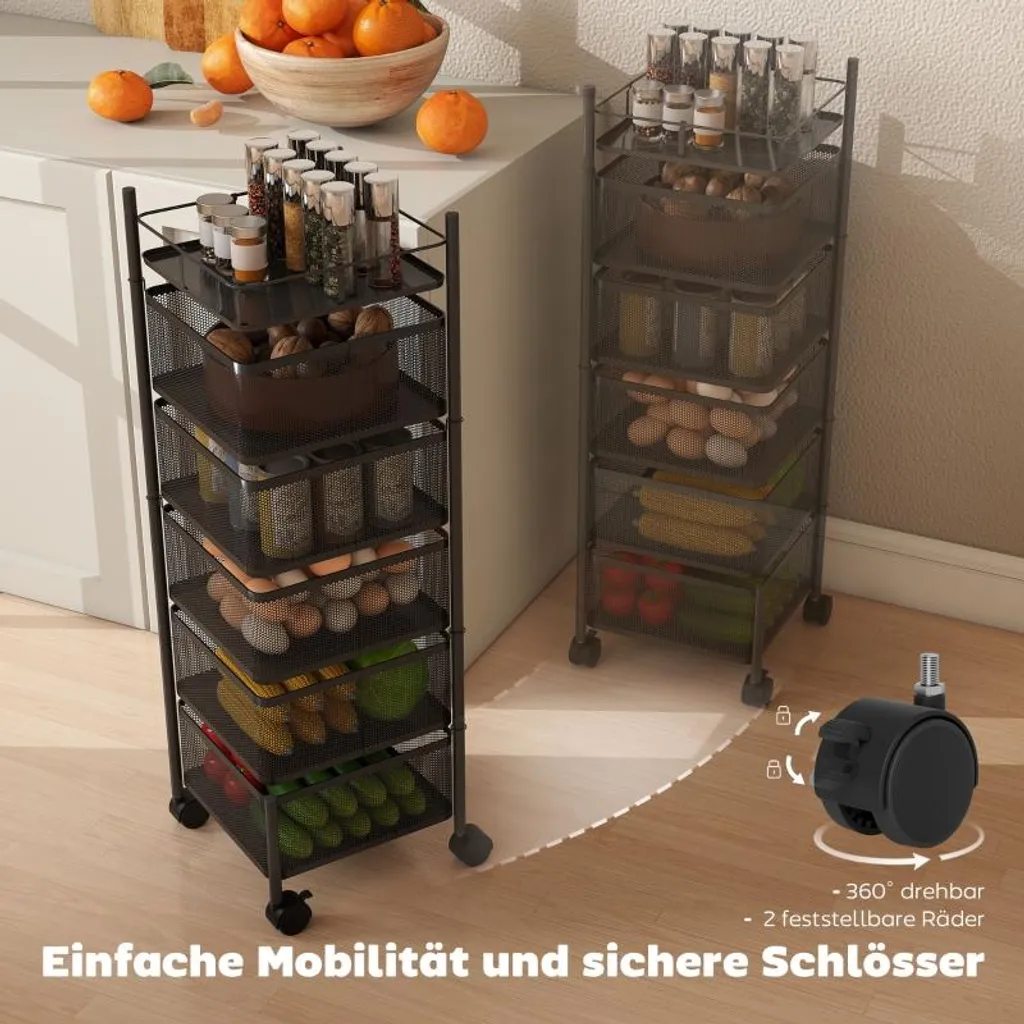 Carrello Porta Frutta E Verdura Girevole 5 Ripiani - Scaffale Da Cucina Su Ruote Con Freni, Bianco 28x28x95 Cm - Organizer Multifunzionale Per Bagno E Soggiorno - 3