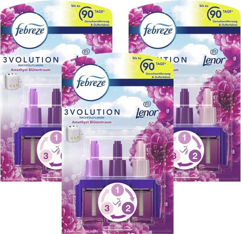 3x Febreze 3Volution Lufterfrischer Nachfüllflakon Amethyst Blütentraum 20ml