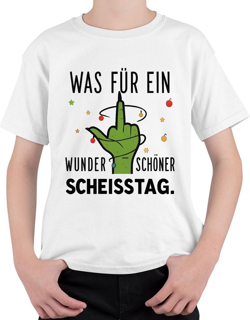 WAS FÜR EIN WUNDERSCHÖNER SCHEISSTAG grüner Mittelfinger frech Uni Kinder T-Shirt, Weiß, 116