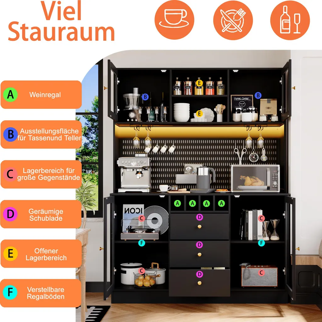 Buffet haut de cuisine 140cm avec rangement modulable et vitrine LED - 6