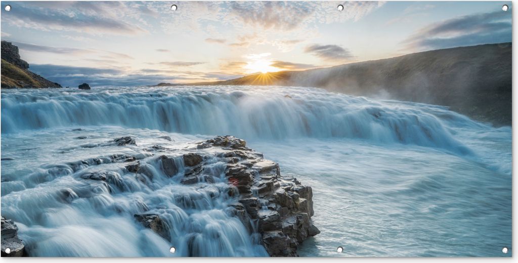 MuchoWow 160x80 cm Outdoor-Poster Gartendeko Sichtschutz Garten Poster für den Garten Wasserfall - Wasser - Steine - Sonne - Natur
