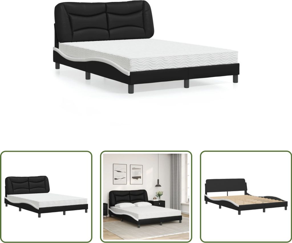 The Living Store Bett mit Matratze Schwarz und Weiß 140x190 cm Kunstleder