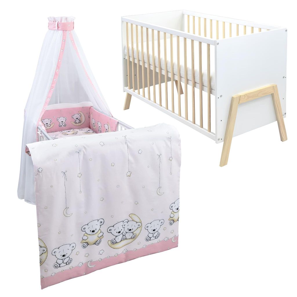 Babybett Kinderbett Gitterbett Juna 60x120 Weiß Schutzgitter Matratze Bettwäsche Set 10tlg Teddy Mond Rosa