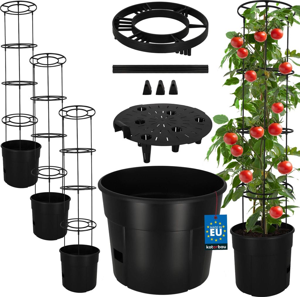 KOTARBAU 3er Set Tomatenpflanze Pflanzkübel 39 cm mit Rankhilfe 153 cm Tomatentopf für Balkon Pflanzenstütze Schwarz