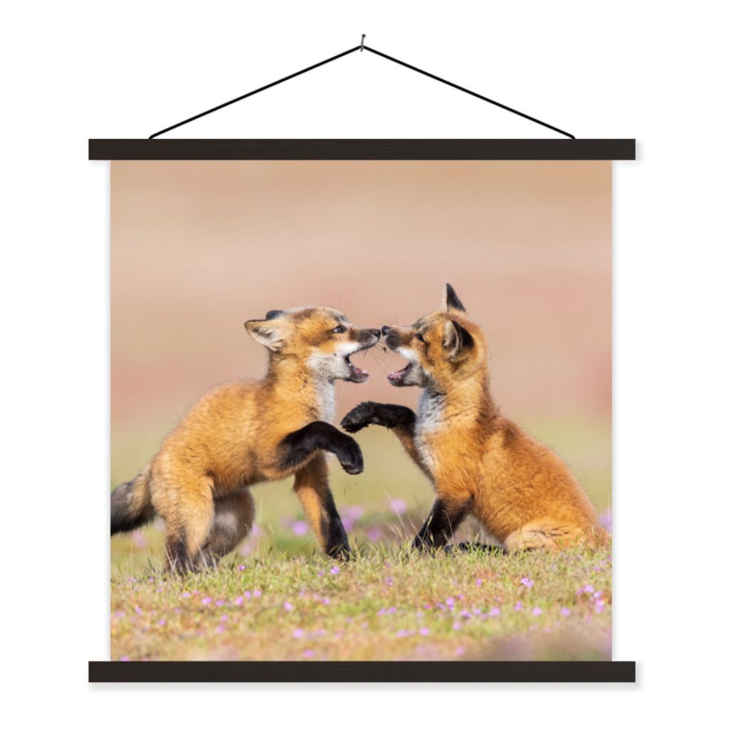 MuchoWow Textilposter Füchse - Blumen - Porträt 90x90 cm mit schwarzem Rahmen - Magnetisches