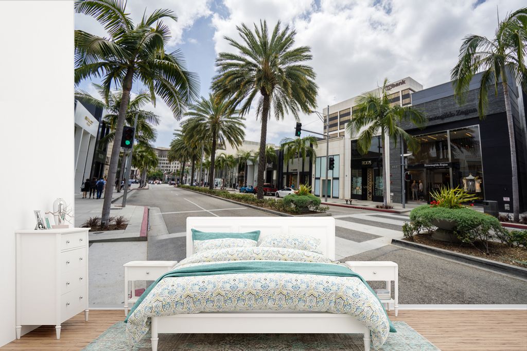 MuchoWow Fototapete für Wohnzimmer oder Schlafzimmer Wandtapete Vinyl Motivtapete Palmen am Rodeo Drive in Beverly Hills in den Vereinigten Staa...
