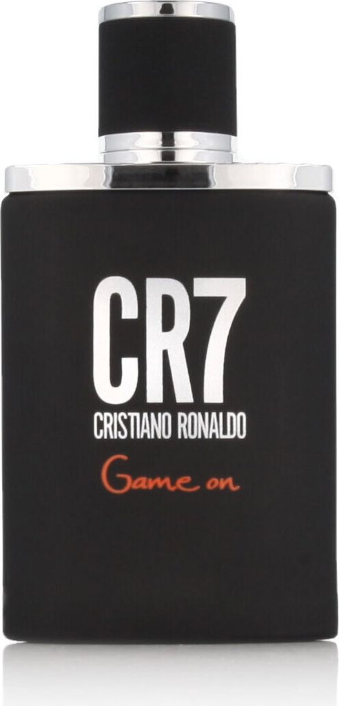 A black bottle of Cristiano Ronaldo CR7 Game On Eau de Toilette for men.
