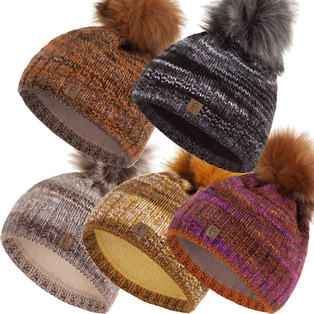 Faera Wintermütze warm gefüttert mit Kunstfell mehrfarbig Bommel-Mütze Fleece-Futter Winter Strick-Mütze Beanie-Mütze Damen Herren One-Size 11...