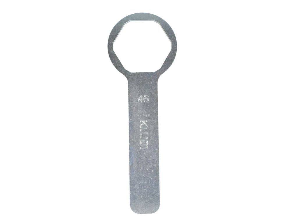 A silver-colored hexagonal wrench with a handle, isolated on a white background.