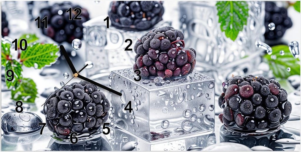 Wanduhr aus Glas mit Motiv Brombeeren Eiskalt- 60 x 30 cm - inkl. Aufhängesystem