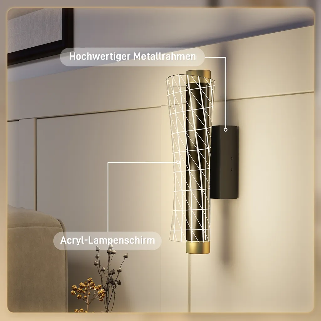 HOMCOM Set di 2 luci da parete per interni, lampada da parete con luce LED, design a griglia, lampada da comodino dimmerabile con 3 colori di luce, lampada da corridoio per soggiorno, camera da letto, metallo, nero - 6