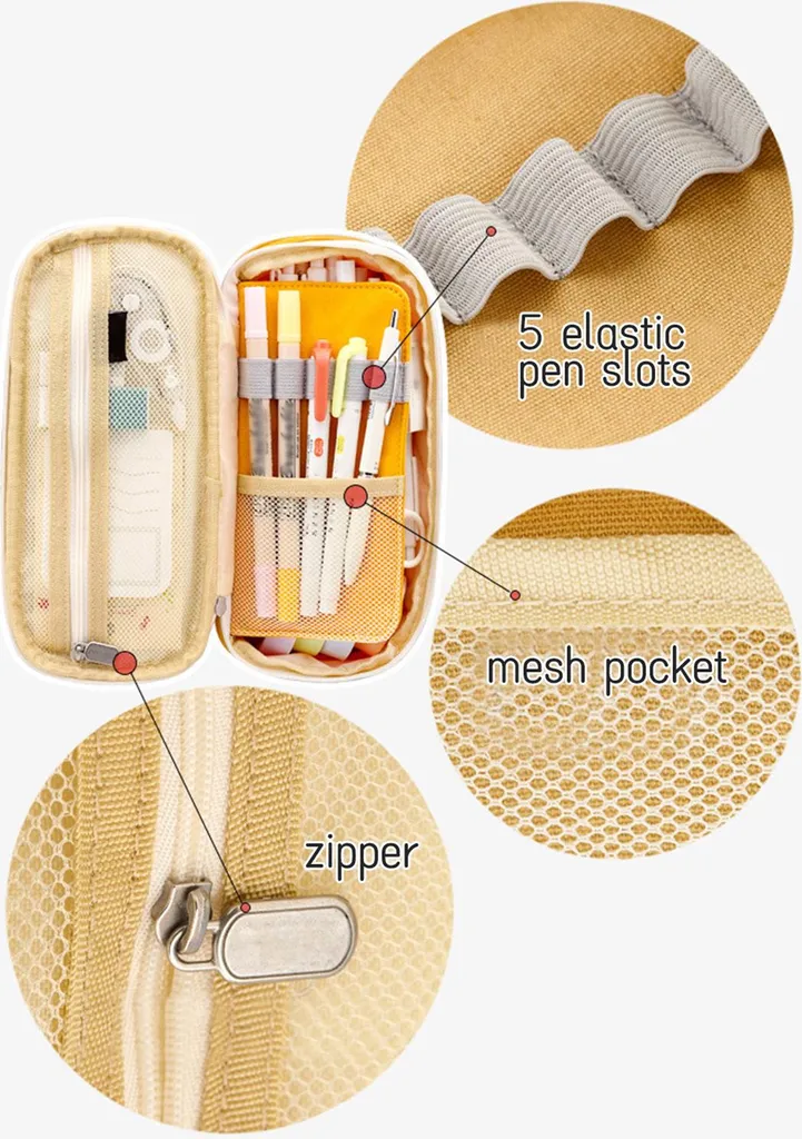 Astuccio 3 Scomparti Grande Capacità In Tessuto Oxford Beige Con Post-it Colorati E Righello – Per Scuola E Ufficio