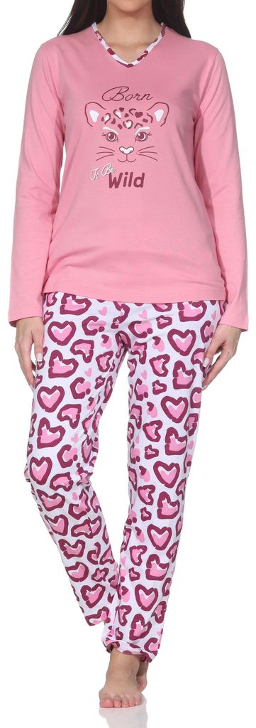 Normann Damen Schlafanzug langarm Pyjama mit Animal Print Motiv – auch in Übergrößen ; rosa , 52
