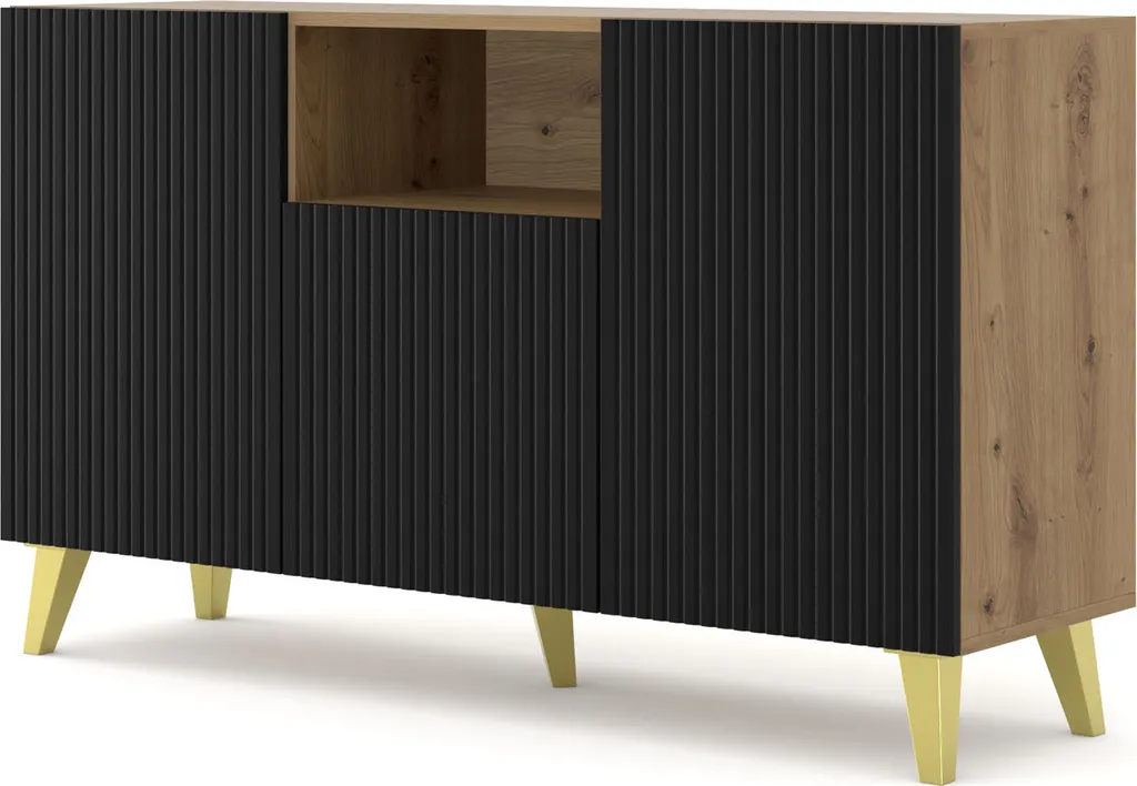 Buffet en bois et noir mat de 150 cm avec étagères et pieds dorés