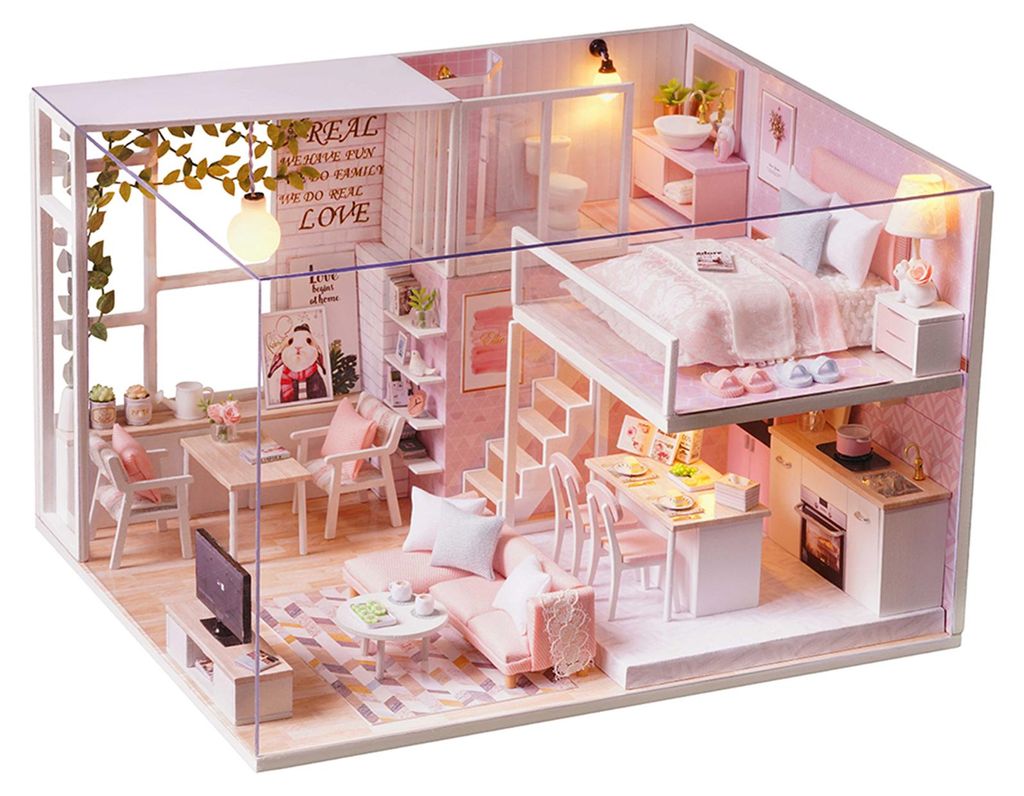 DIY Miniatur Loft Dollhouse Kit Realistische Mini 3D Rosa Holzhaus Zimmer Spielzeug mit Led-leuchten Staubschutz