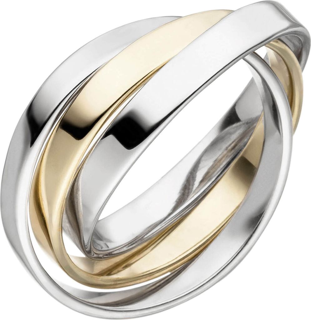 3-er Ring aus 925 Silber rhodiniert bicolor vergoldet verschlungen Fingerring Innenumfang 56mm Ø17.8mm