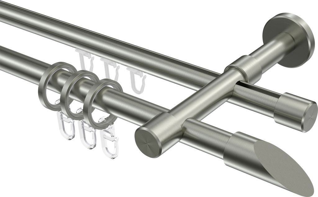 Interdeco Rundrohr-Innenlaufstange / Gardinenstange (Kombination) Edelstahl-Optik, Typ Sinux Santoni (Schräge), 16 mm Ø 2-läufig, 160 cm
