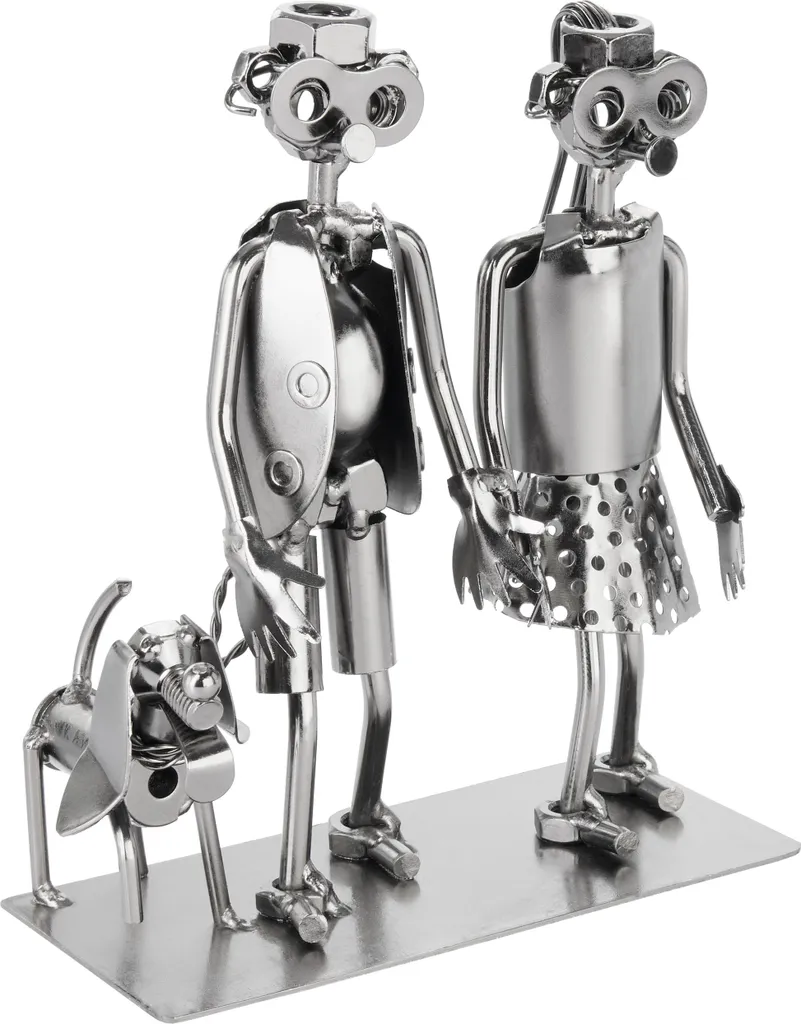 Figurine de Couple avec Chien en Métal Argenté - Travail Manuel Artisanal