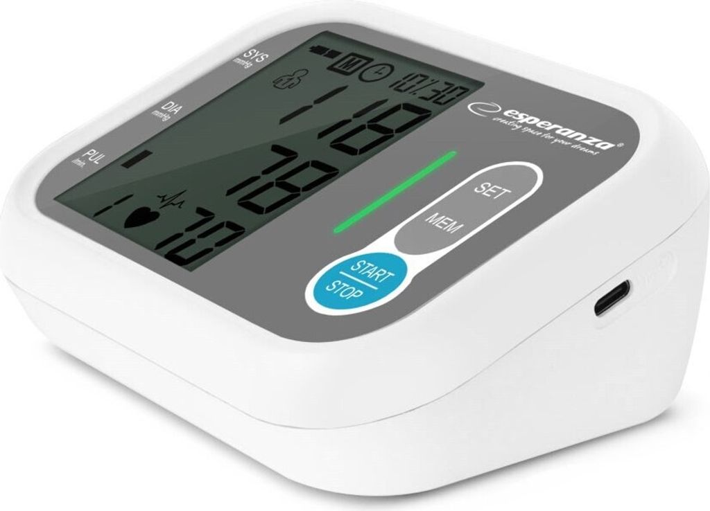 A white digital blood pressure monitor with a gray display screen and buttons, shown from a slightly elevated angle on a white background.