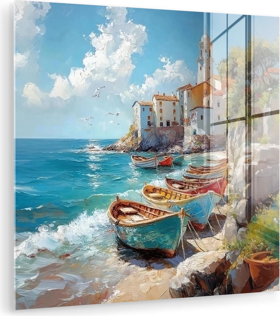 MuchoWow Glasbilder - Bilder auf Wandbild - Foto auf Glas Boote - Felsen - Meer - Sonne 20x20 cm Wanddekoration aus Glas - Acrylglasbild - Acrylbil...