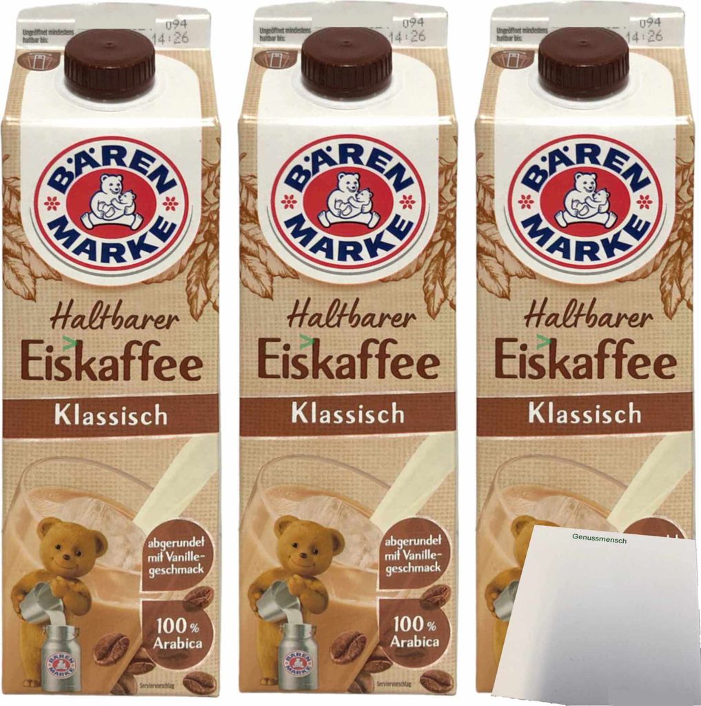 Bärenmarke Haltbarer Eiskaffee Klassisch 1,8% Fett 3er Pack (3x1 Liter Packung) + usy Block