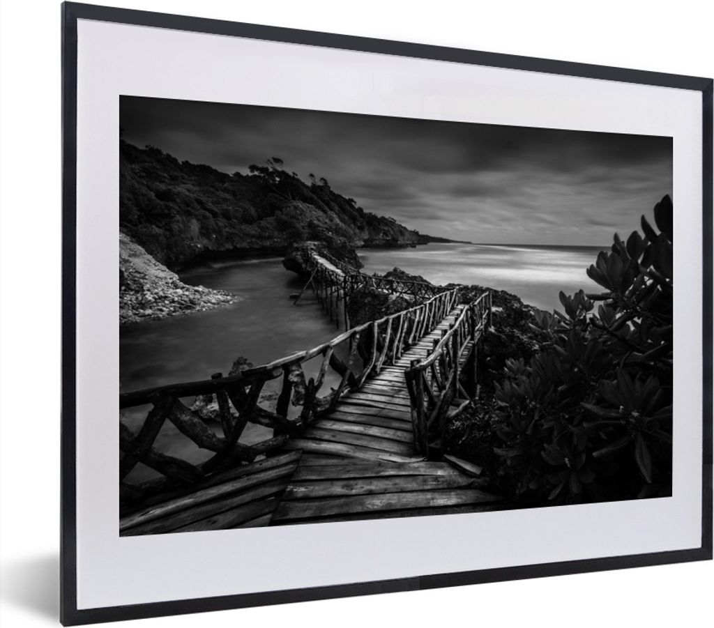 MuchoWow MuchoWow Gerahmtes Poster Indonesien - Brücke - Schwarz - Weiß 40x30 cm - Poster mit zchwarzem Bilderrahmen - Bilderrahmen - Poster ...
