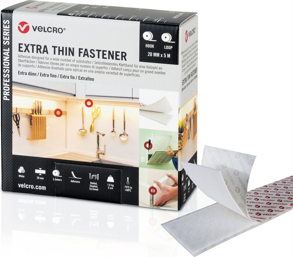 VELCRO Extra Thin Fastener 5m Hakenband 5m Flauschband, Haken & Flausch 20mm weiß