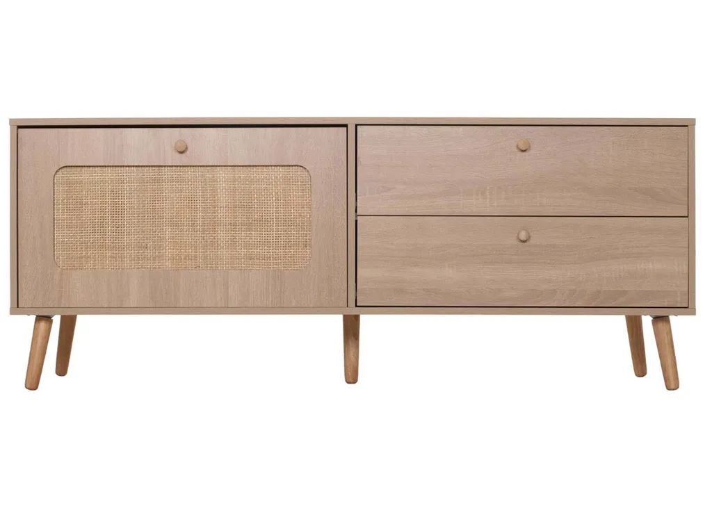 Buffet TV en rotin tressé et commode basse aspect chêne clair