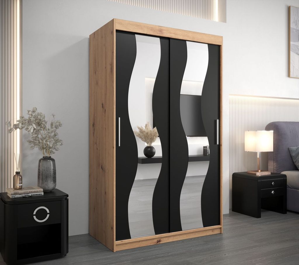 Kleiderschrank mit Spiegeln MARGIT – Breite 120 cm, Eiche handwerklich / schwarz