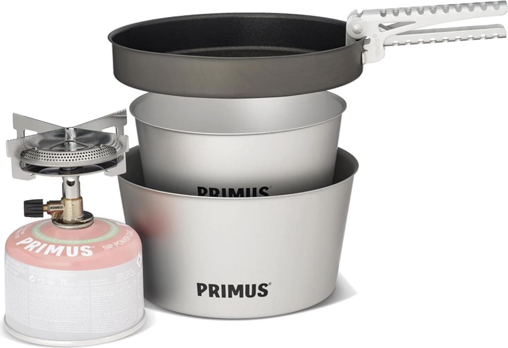 Primus Campingkocher Set - Mimer Stove Kit II Camping Kochset mit 1x Gaskocher, Pfanne & 2x Töpfe Outdoor Kochgeschirr Gaskocher