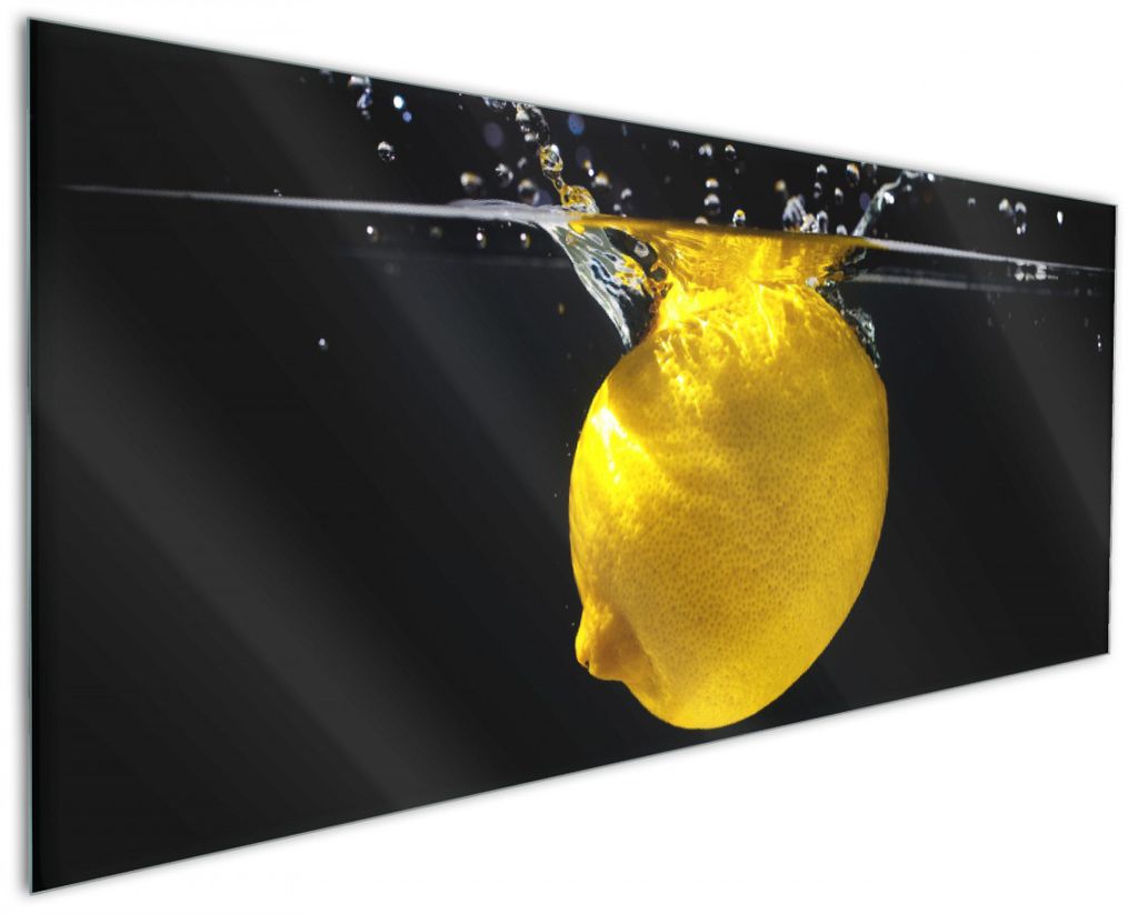 Wallario Küchenrückwand aus Glas, Größe: 125 x 50 cm, Motiv: Zitrone im Wasser - Frisches Obst für die Küche | Spritzschutz | abwischbar | pf...