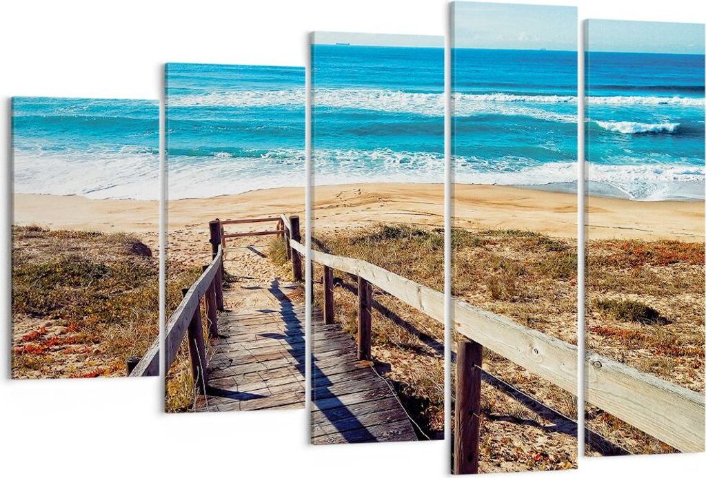 Bild auf Leinwand - Leinwandbild - 5 Teile - Meer Strand Eintritt - 150x100cm - Wand Bild - Wanddeko - Wandbilder - Leinwanddruck - Bilder - Wandde...